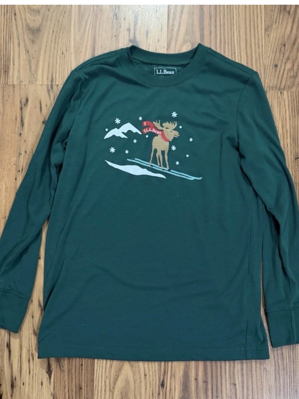 L.L. Bean Forest Green Long-Sleeve Kids Tee with Moose Graphic